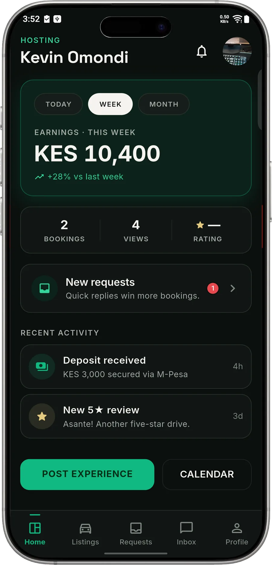 The host dashboard with weekly earnings and a new booking request